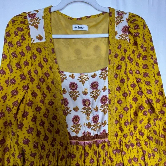 In Loom Floral Gold Yellow Purple Maxi Dress L BohoFestival SummerFairycore NWOT - Picture 3 of 15